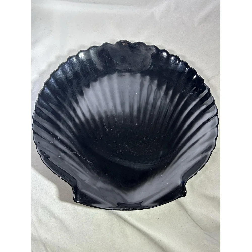 Vintage Shell Platter Plate Textured Black Glass 13